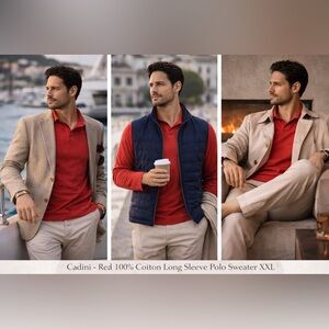 Cadini Italy Red Polo Sweater Mens XXL Vintage Preppy Old Money Casual Cotton